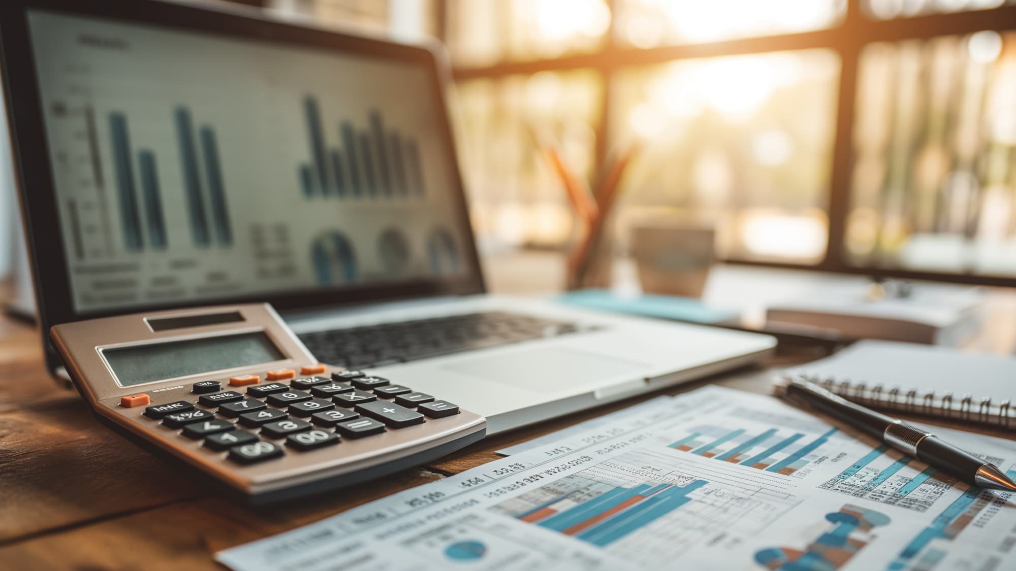 calculator, laptop computer, and paper documents with charts and number analysis